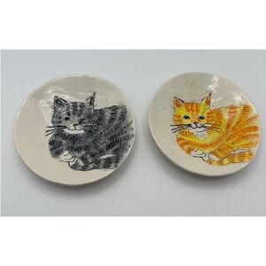2 Vintage Sukey USA Hand Painted Ceramic Cat Trinket Dishes Grey & Orange Tabby